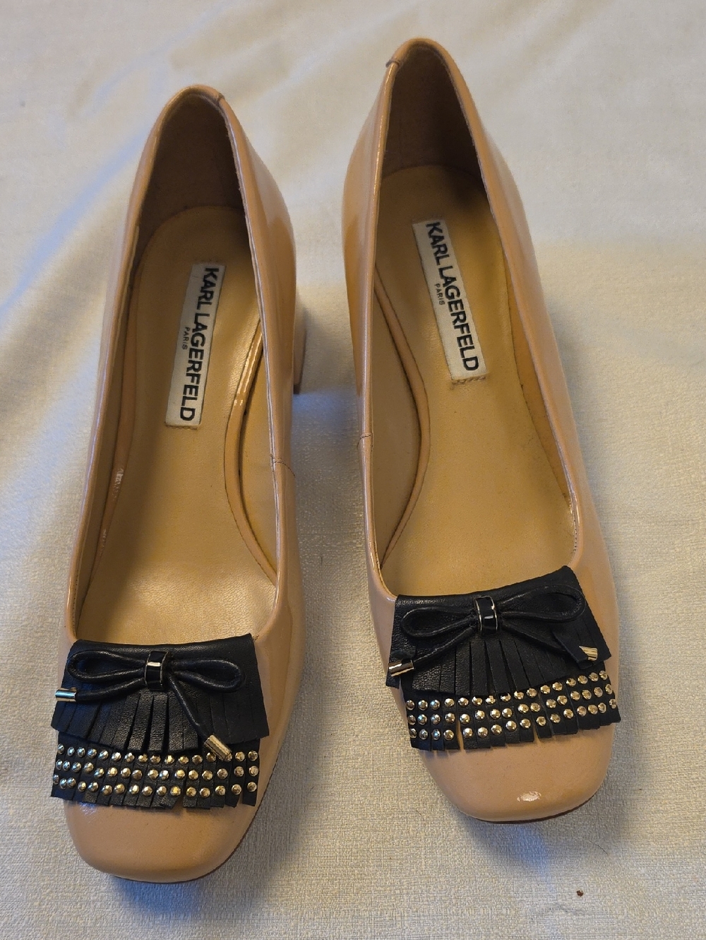 Karl Lagerfeld Beige Patent Chunky Heel, Black Fringe & Studs Size 7 1/2